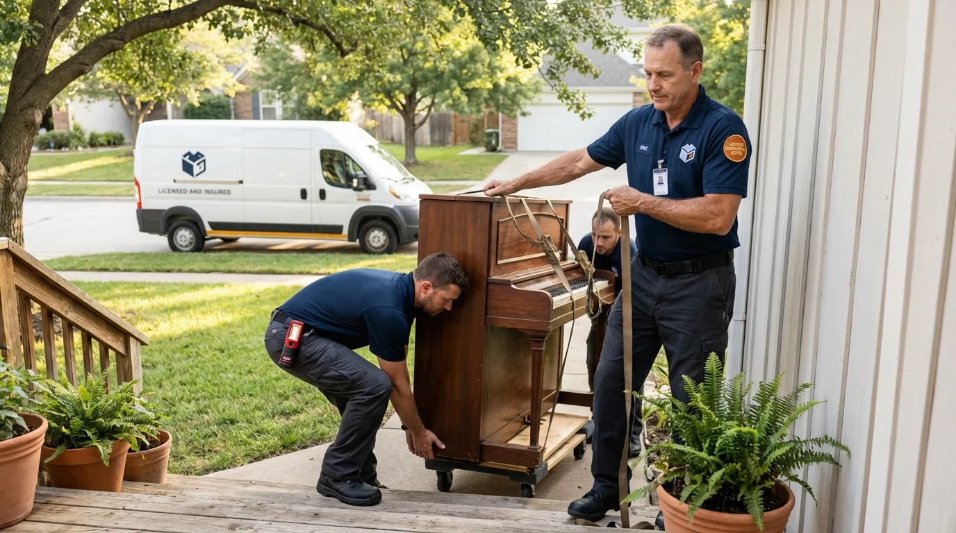 Licensed piano movers securing grand piano in Clarksburg, WV