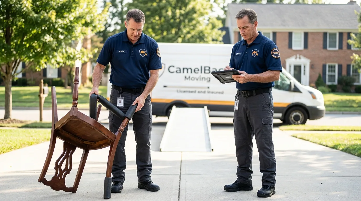Movers inspecting furniture for damage prevention before loading in Clarksburg, WV