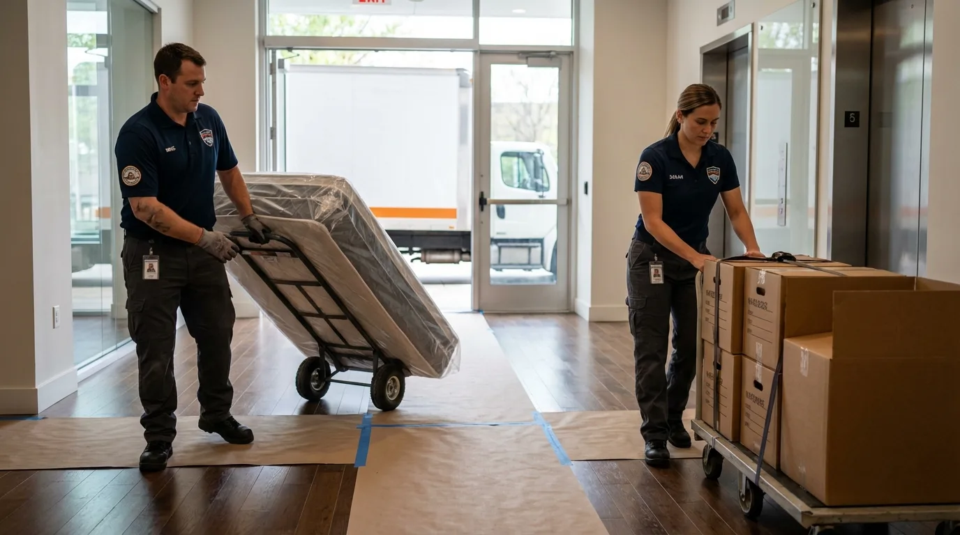 Professional apartment movers loading elevator in Clarksburg, WV