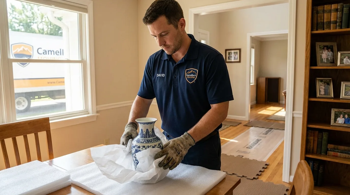 Professional crew carefully wrapping antique vase for senior downsizing move in Clarksburg, WV